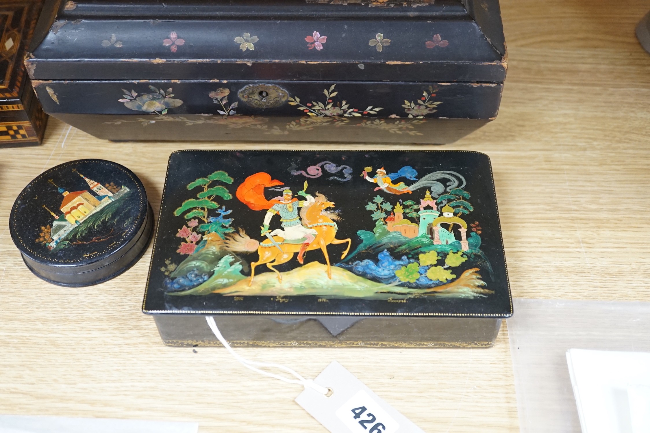 Three Russian papier mache boxes and assorted other boxes